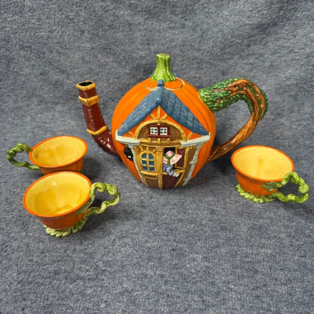 Dept 56 Pumpkin House Teapot + 3 Teacups Set Ceramic Fall Autumn Decor Whimsical